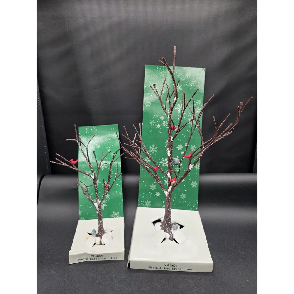 Dept 56 Village Cardinals Bird Squirrels 2 Frosted Bare Branch Tree 9" & 13"